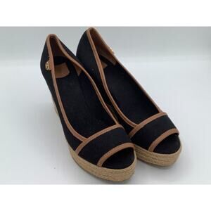 Tory Burch Black Wedges With‎ Brown Details Woven Platform Size 38 1/2